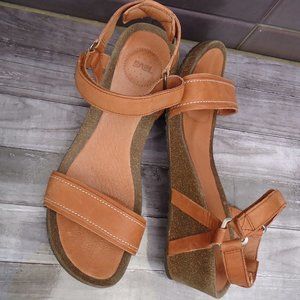 SIZE 11. Teva wedge cork midsole strap brown leather sandals.